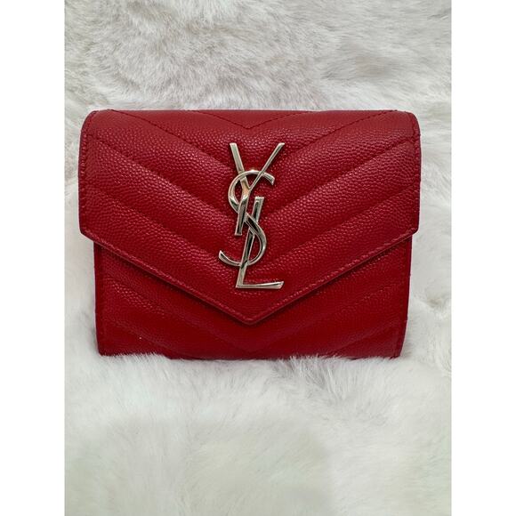 Saint Laurent Monogram Envelope Compact Wallet – Red Grain de Poudre Leather - Picture 1 of 10